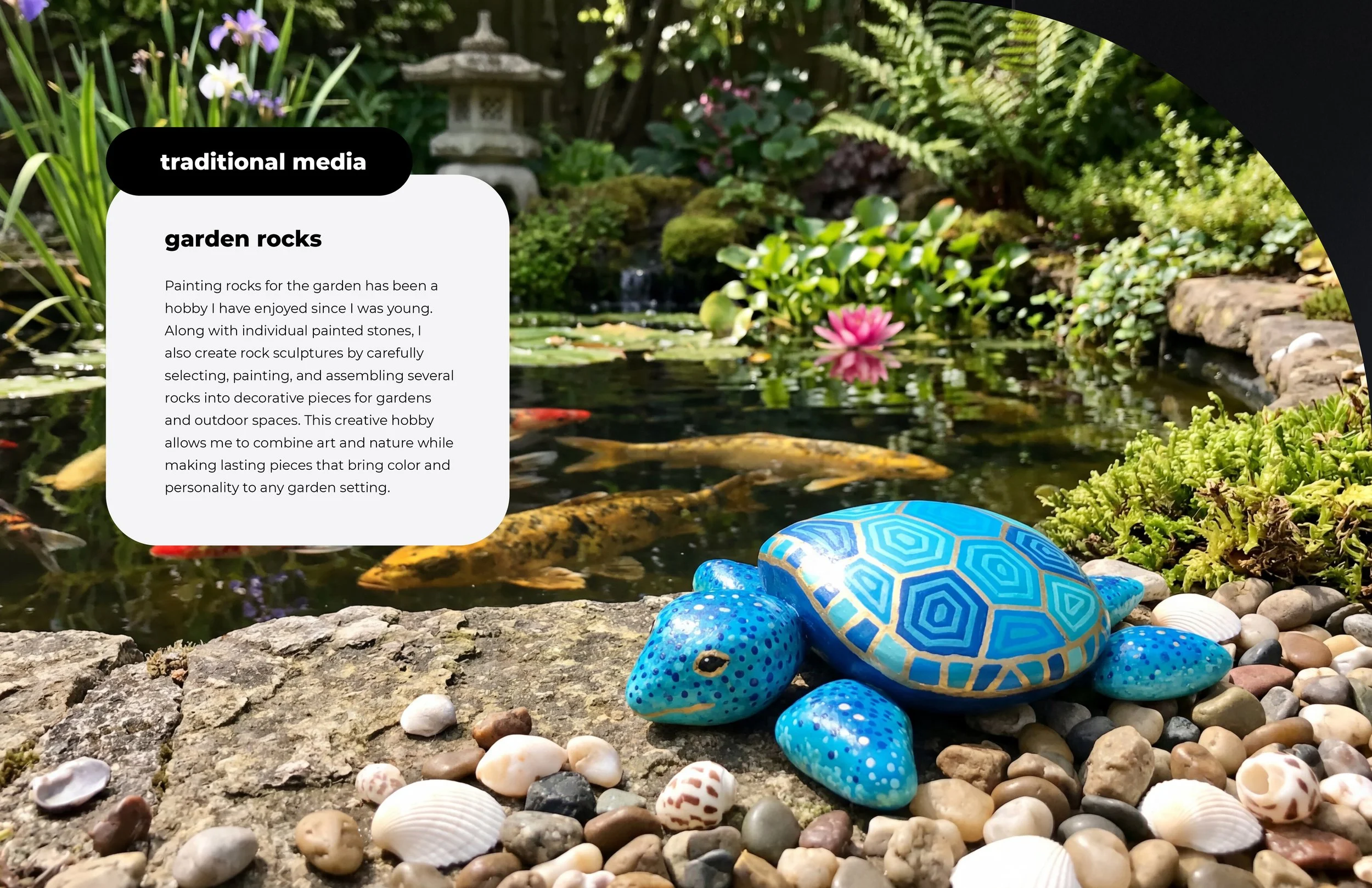 traditional media: painted garden rocks sculpture (acrylic)