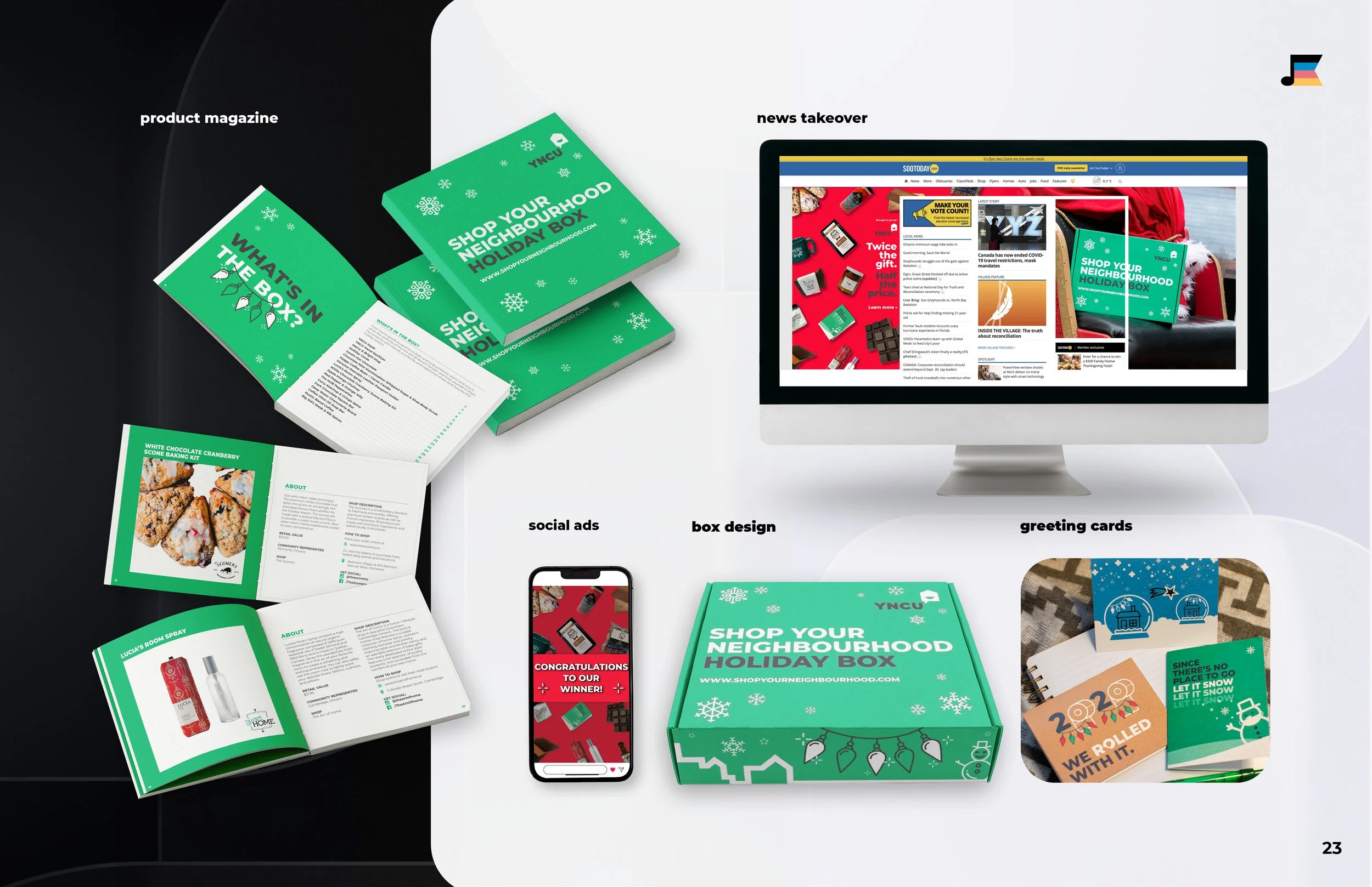 magazine design, news site takeover advertising, social media posts, box design and greeting card design