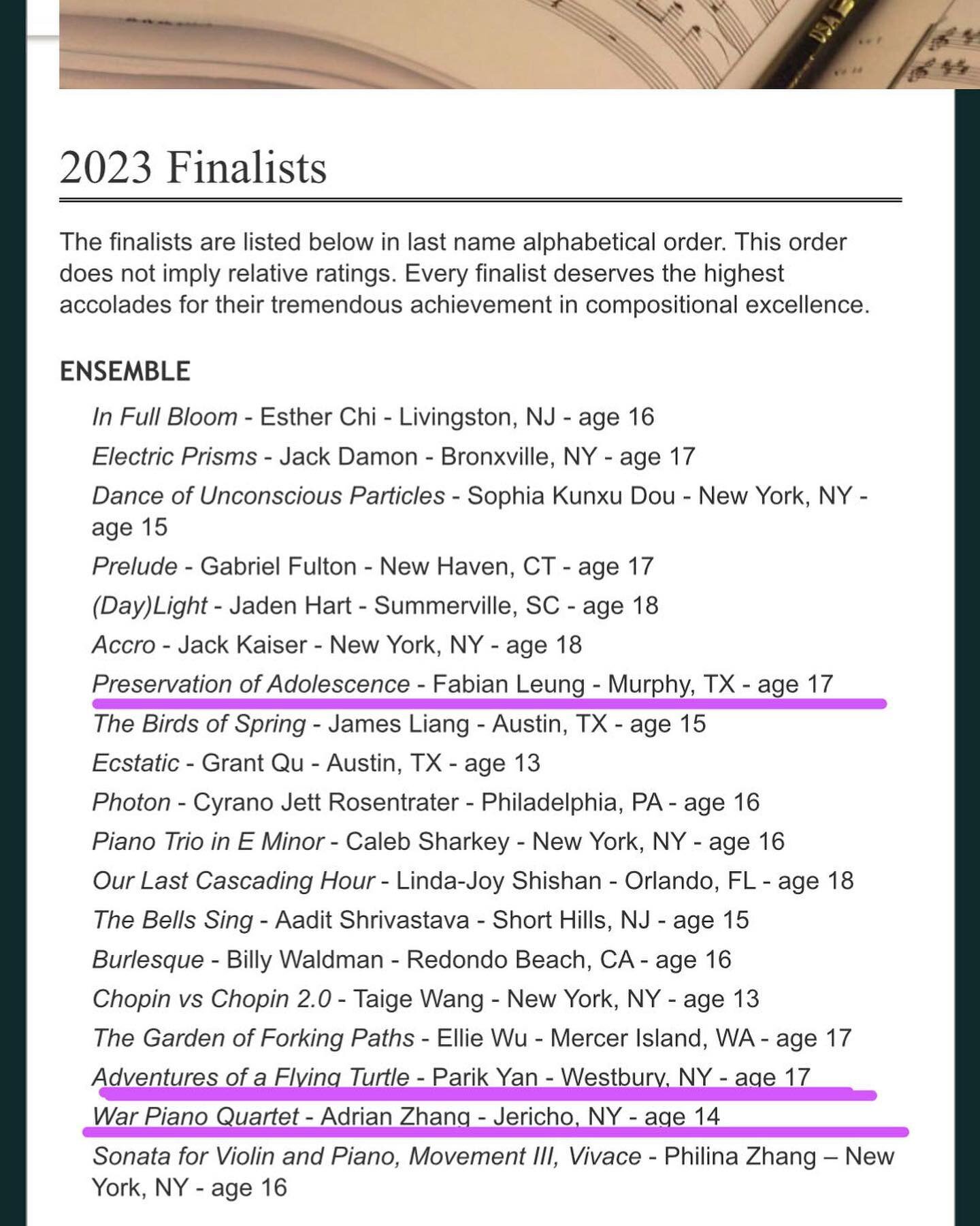 Congratulations to the three students from the Mayflower Art Center, Fabian Leung, Parik Yan, and Adrian Zhang, for making it to the finals in the 2023 YCC ( National young Composers Challenge ) Ensemble category! 
Additionally, Max Lu @max.lu from t