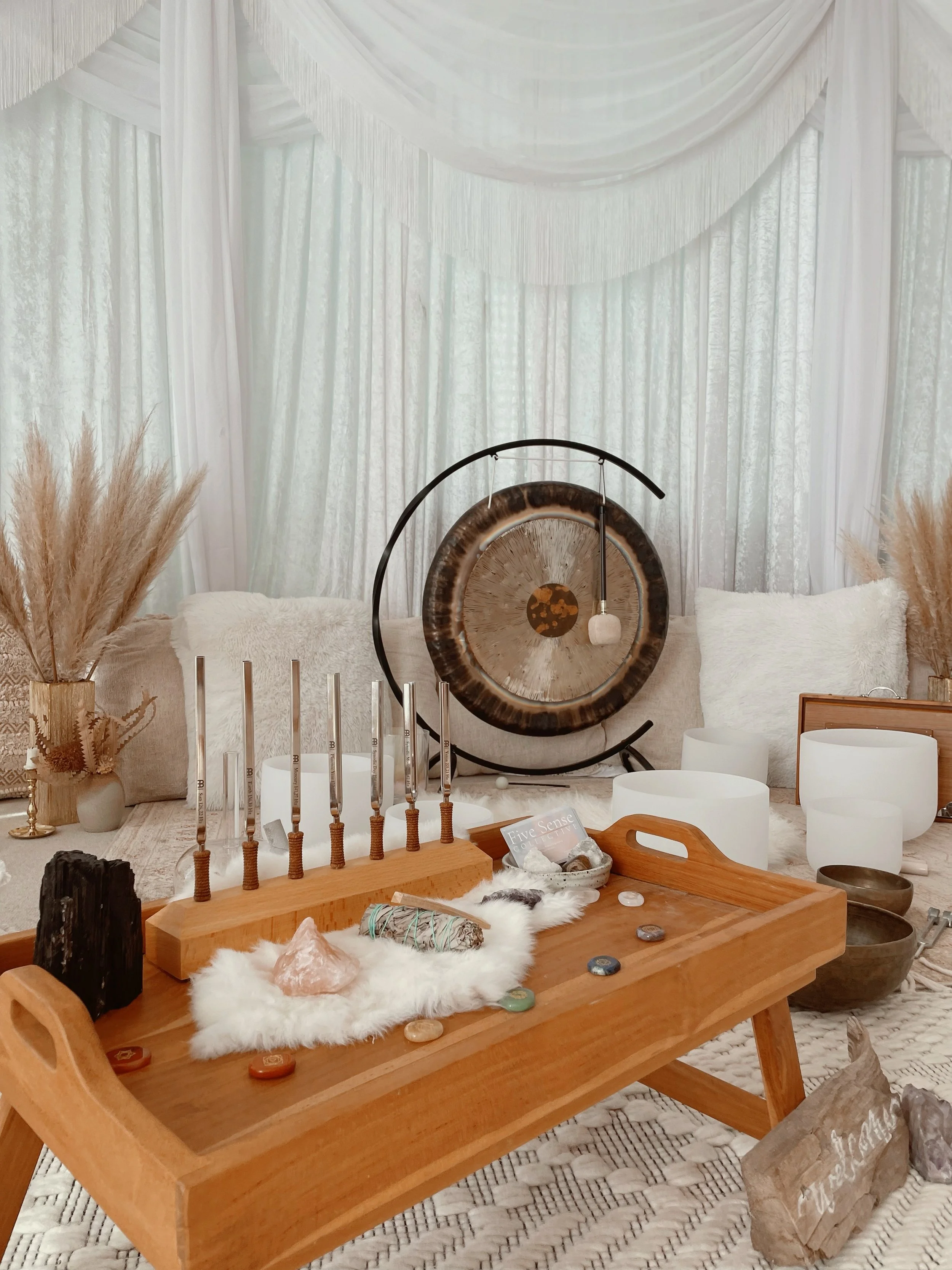 Detail of a luxury sound healing setup designed for a VIP lounge in Austin