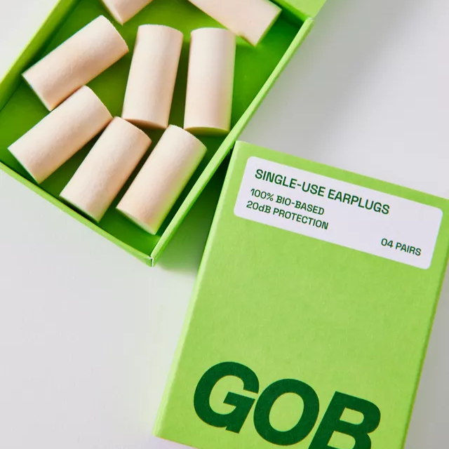 Don’t stick plastic in you rears. GOB Earplugs biofabricated, single-ingredient material —100% farm-grown aerial mycelium foam — provides up to 20db of natural protection against noise while you travel.