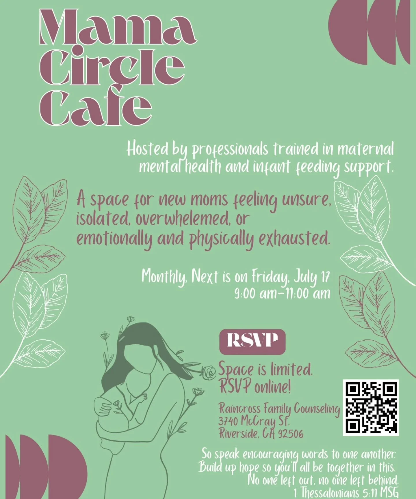 We have just a couple of spots left for next Friday 7/17 for our free monthly Mama Circle Cafe.
*
We'll start with delicious homemade muffins and tea/coffee, then music time with your babies, and encouraging conversation. You can also do a free weigh