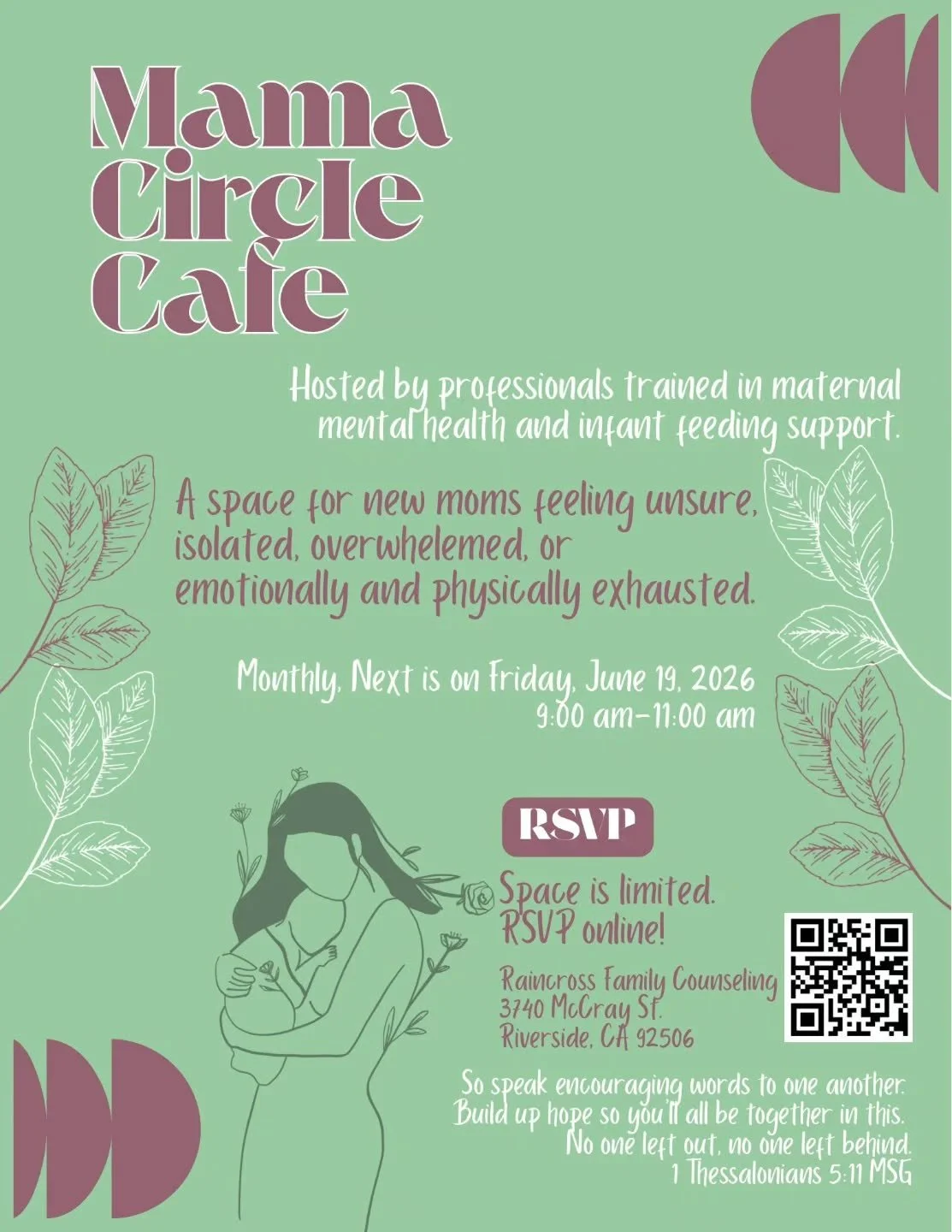 Join us this Friday 6/19 for our free monthly Mama Circle Cafe.
*
We'll start with delicious homemade muffins and tea/coffee, then music time with your babies, and encouraging conversation. You can also do a free weight check.
*
Led by Mom Encourager
