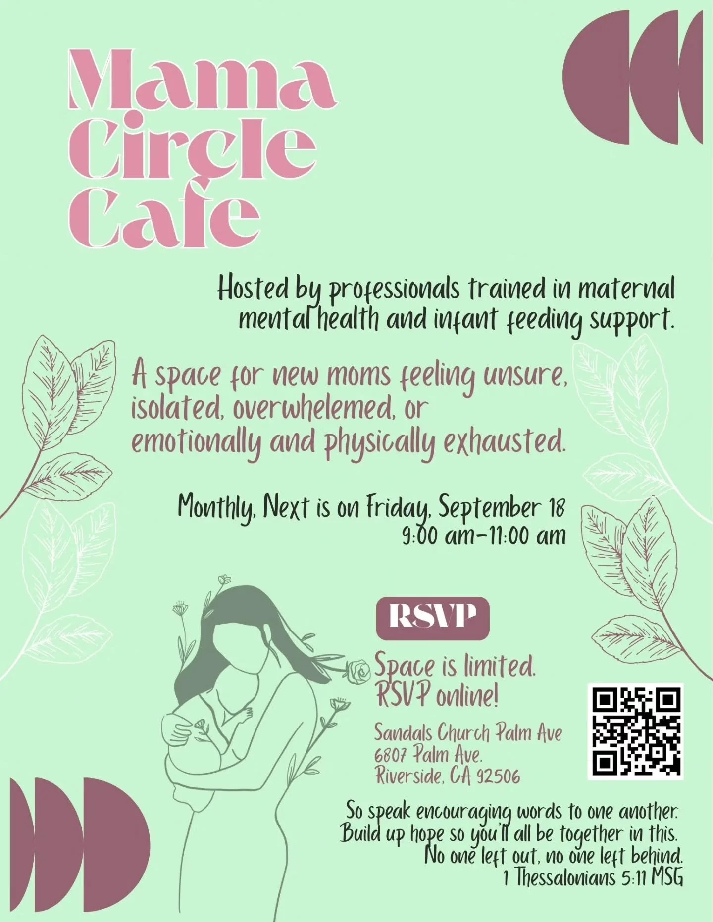 Join with other local Mamas and their babies for some encouragement and relaxed community time at our monthly Friday morning get together  We have a new venue as we outgrew our other room, but it is close by. Please RSVP for details and to reserve yo