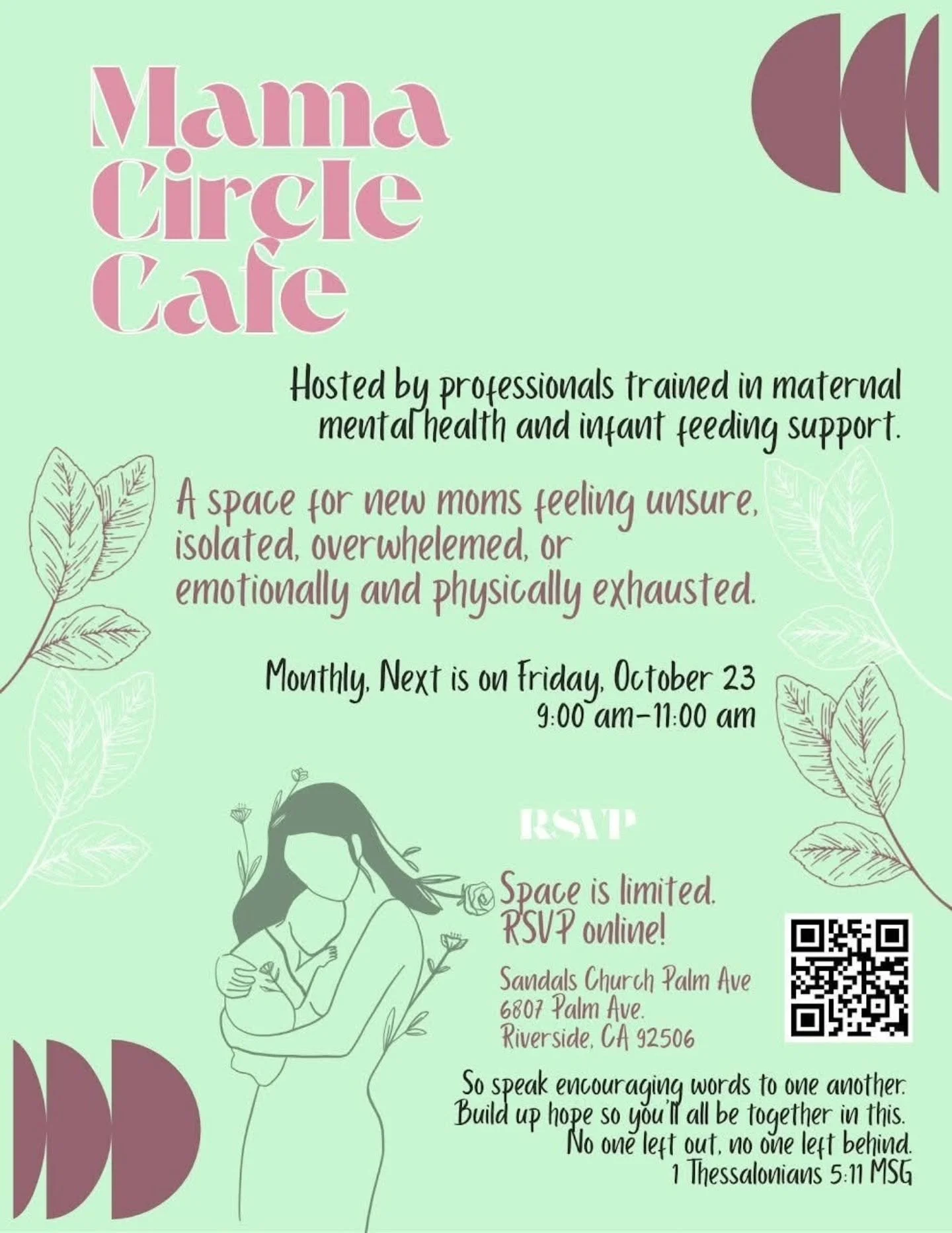 Join us next Friday 10/23 for our free monthly Mama Circle Cafe.
*
We'll start with delicious homemade muffins and tea/coffee and playtime with your babies. Then we will have some practical and encouraging conversation about motherhood. You can also 