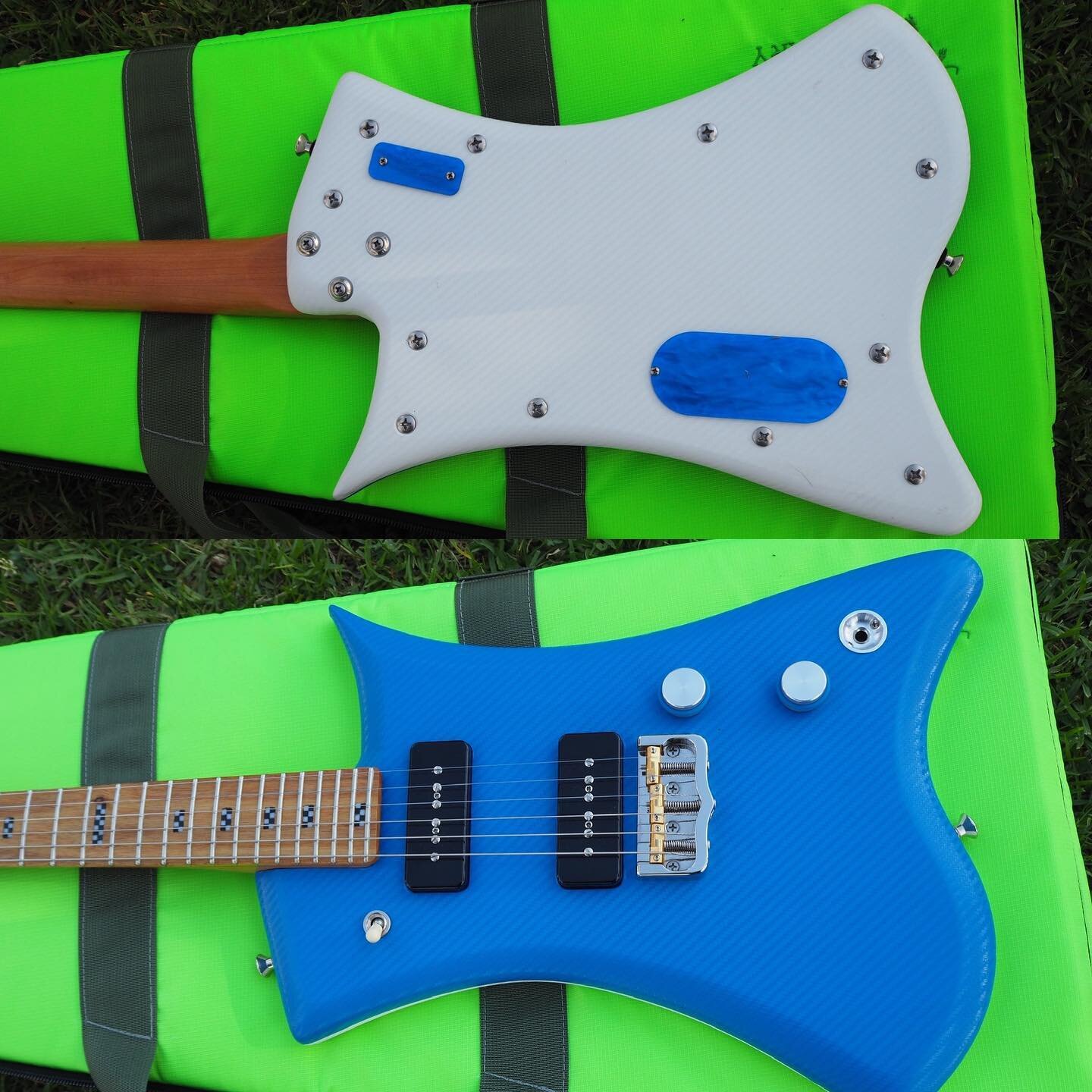 Two tone vinyl wrapped Sky Scorcher, look king nice on the @mothermarycompany bag.  Make it yours #luthier  #pointyguitars madeinsandiego #guitbertos #boutiqueguitar