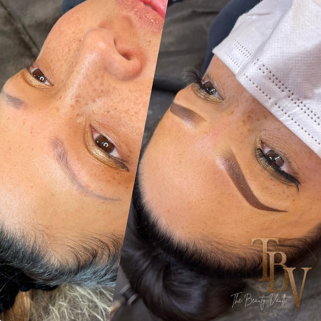Patience is a virtue 🤩 
You are not stuck with old faded microblading! Normally it will take 2 sessions to correct over old work, so be patient! Swipe to see healed after first session. We were able to use corrective colors to lighten the old harsh 