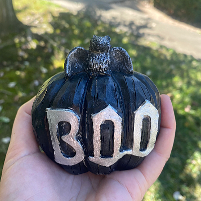 concrete black Halloween pumpkin with the word Boo written in white garden plaque Backyard Stone Art Stepping Stones for your Garden or pathway