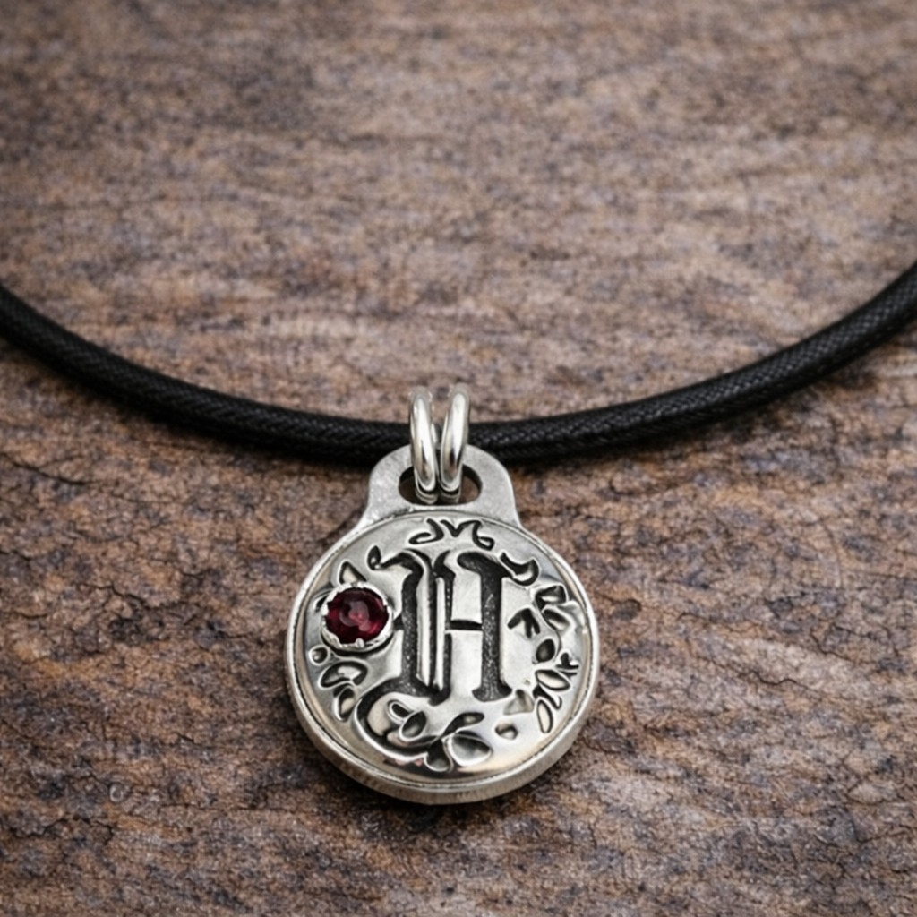 Gothic Initial Pendant in Sterling Silver with Natural Red Sapphire