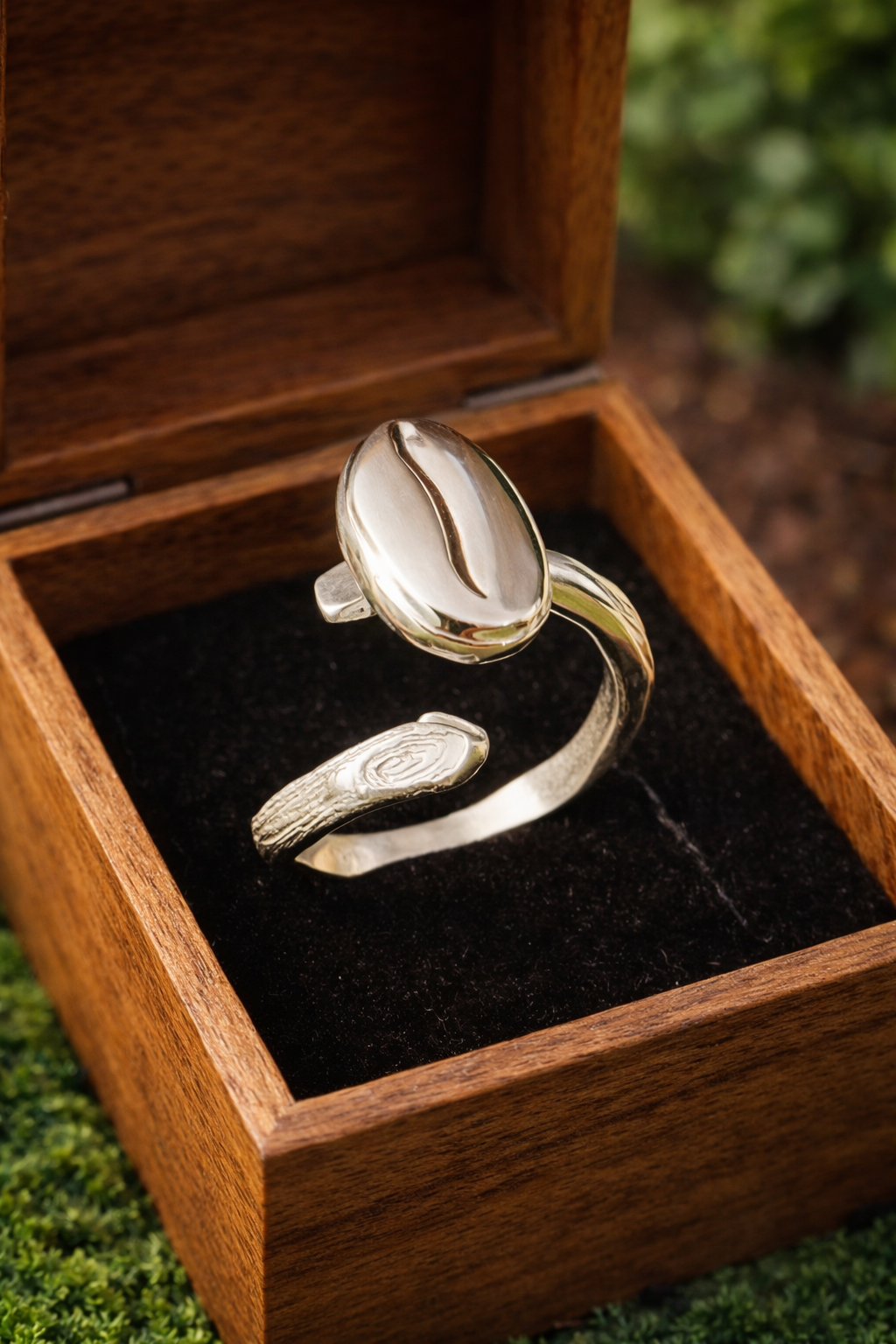 Adjustable Sterling Silver Coffee Bean Ring - Handmade Branch Ring