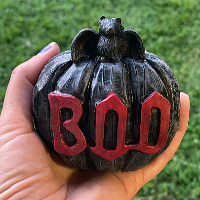 concrete black Halloween pumpkin with the word Boo written in red garden plaque Backyard Stone Art Stepping Stones for your Garden or pathway