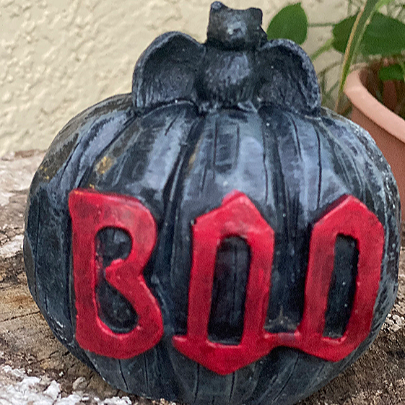 concrete black Halloween pumpkin with the word Boo written in red garden plaque Backyard Stone Art Stepping Stones for your Garden or pathway