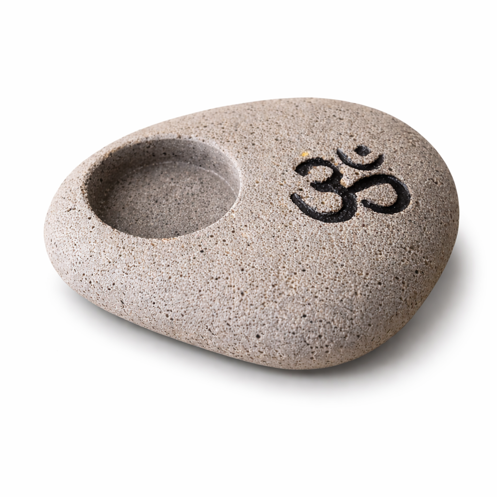 Om Pebble-Shaped Tea Light Holder – Handmade Engraved Concrete Meditation Decor