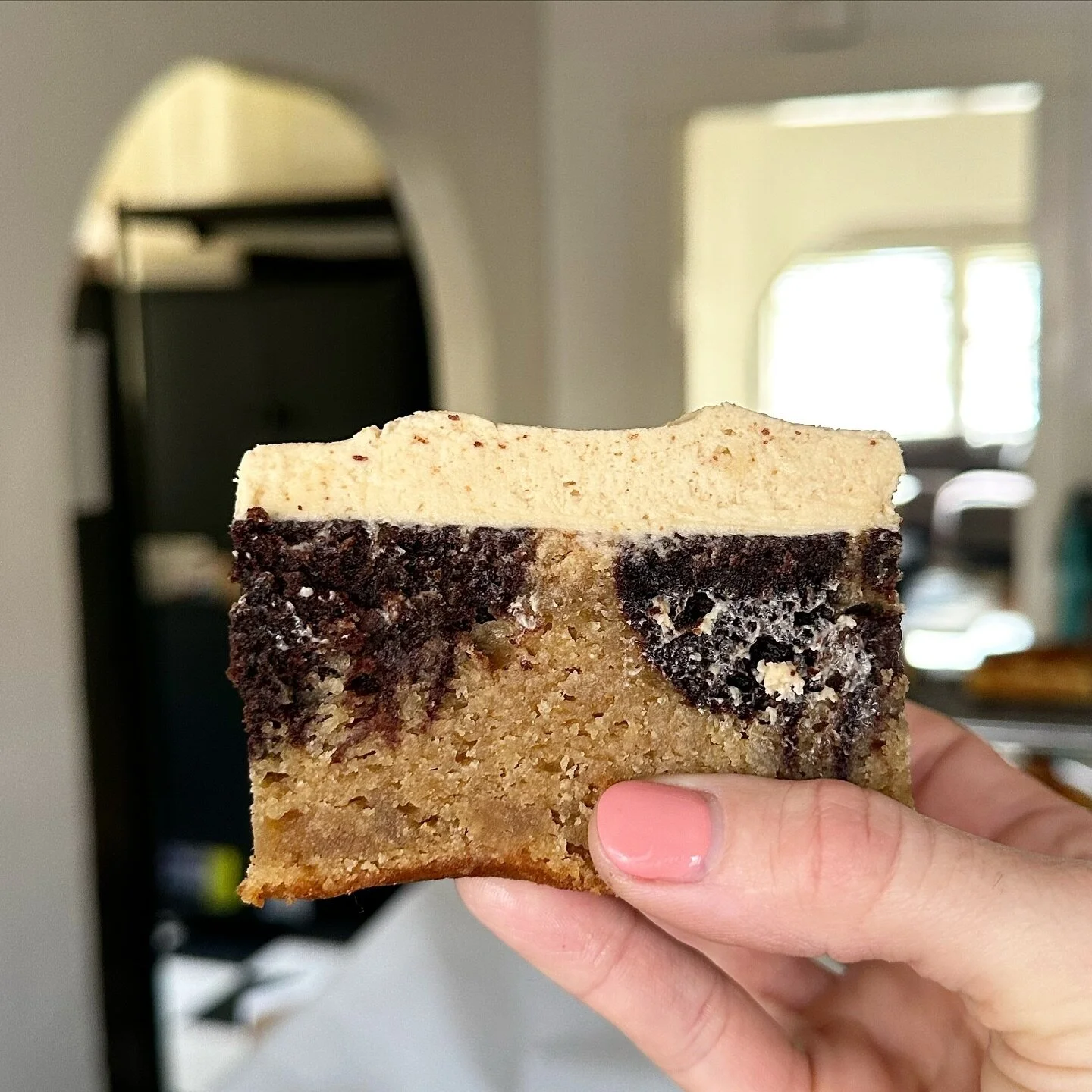 mega pieces of  cake!! peanut butter chocolate marble cake with browned butter peanut butter frosting.