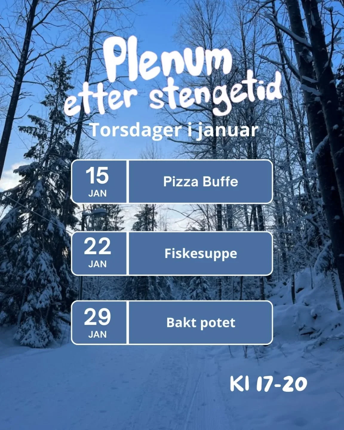 Vi starter opp igjen med Plenum etter stengetid denne uken. Hver torsdag mellom kl. 17 - 20 serverer vi noe snadder. La oss servere middagen eller bare kom &aring; ta deg en kaffe eller kake i godt selvskap. Velkommen!