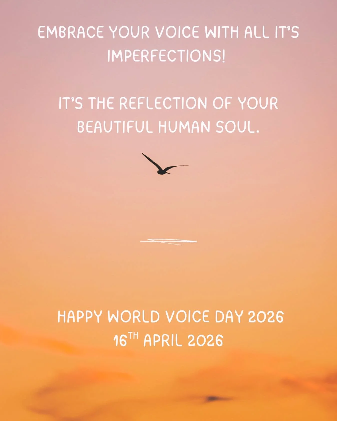 World Voice Day 💫

A reminder that your voice doesn&rsquo;t have to be perfect to be powerful.
Every crack, every pause, every unique tone &mdash; it all tells your story.

Like this sky, soft yet bold, and that bird soaring freely&hellip; your voic
