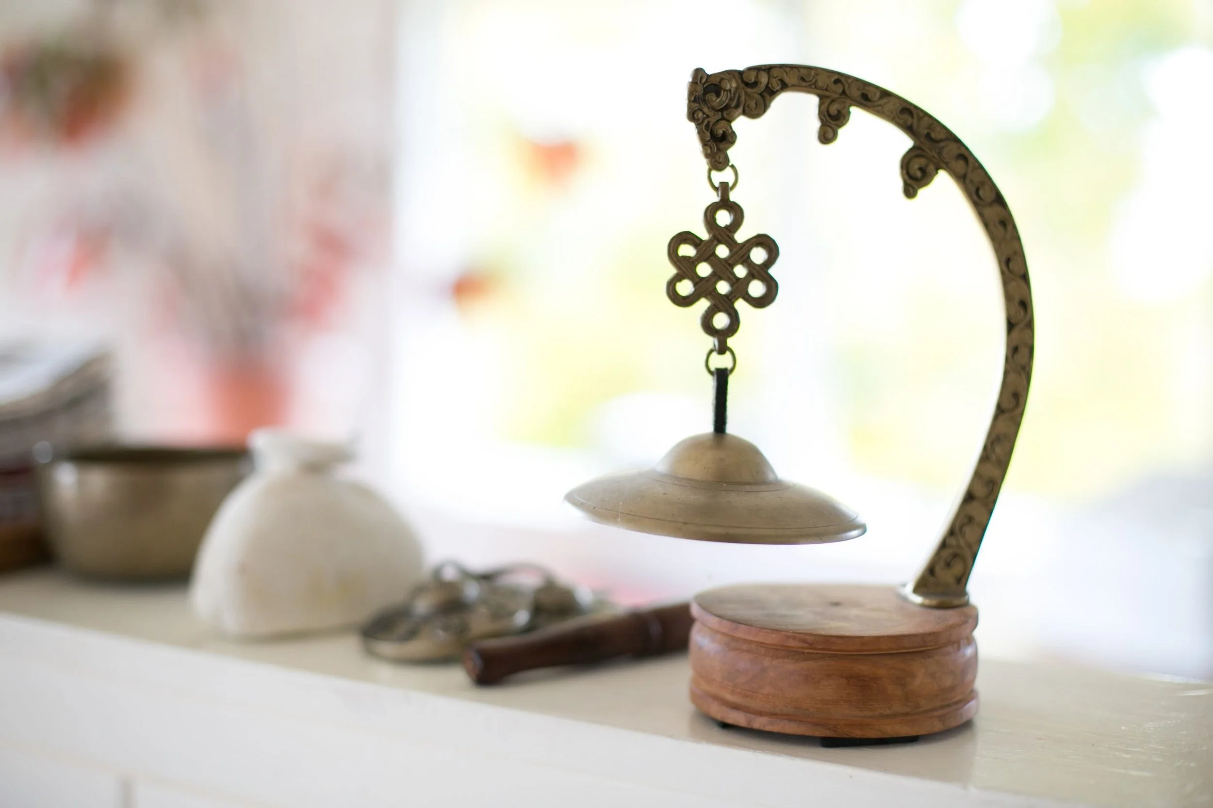 Instruments used in meditation practice, chimes, bell and mallet