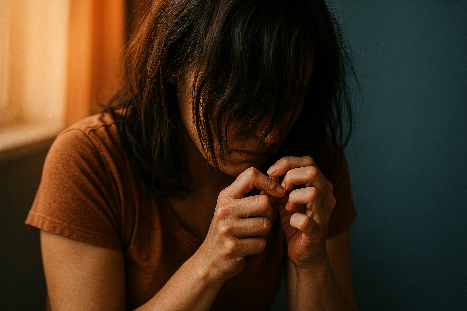 Anxious, distressed woman picking the skin by her nail