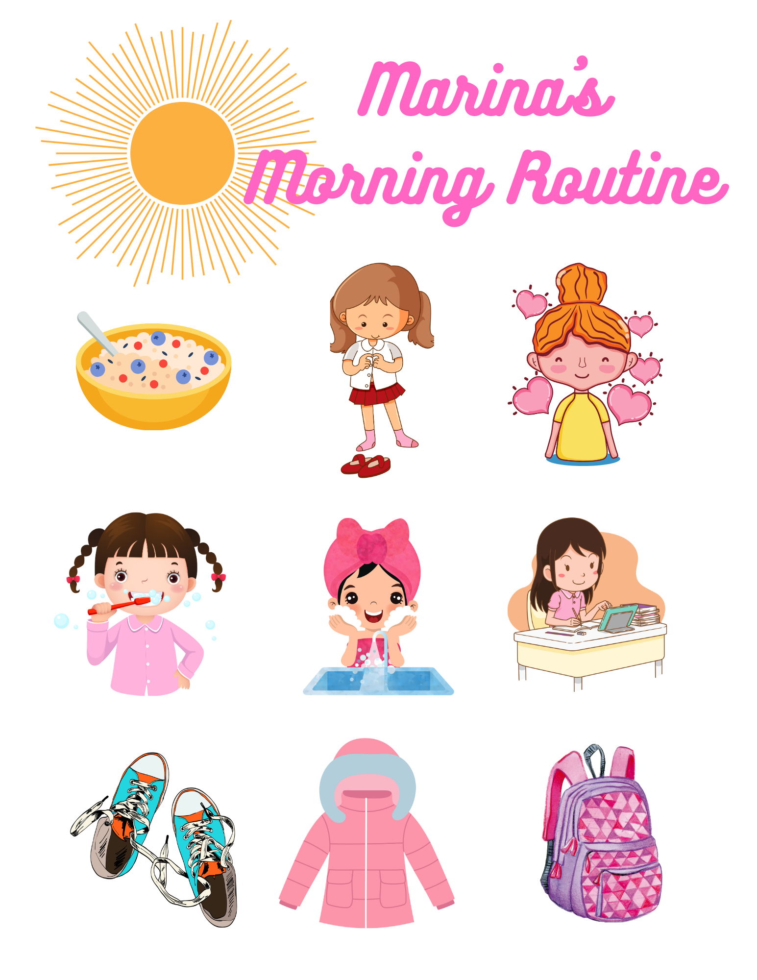 Morning Routine Chart - Girls - Canva Editable PDF Template