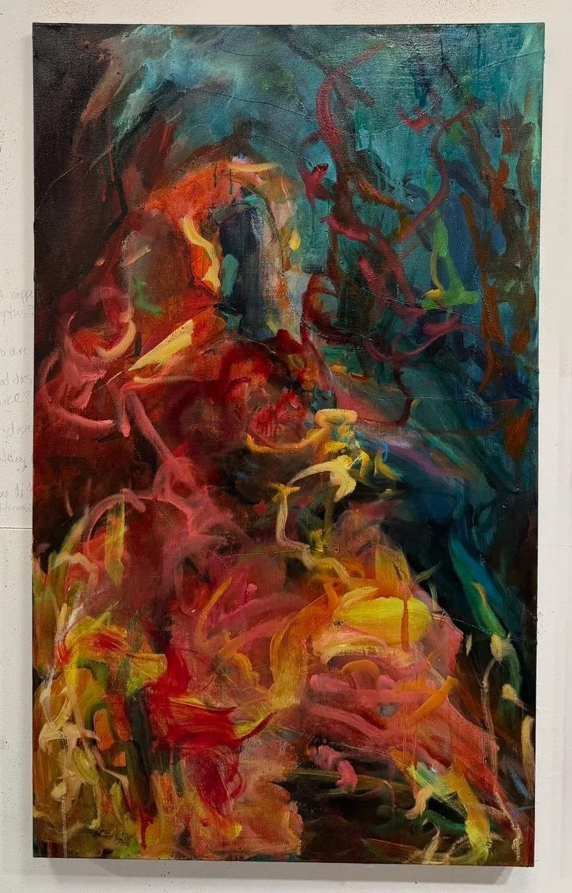 ‘Bouchers Thrupple’, Kate Howe, 2026. Oil on sutured linen. 40 x 100 cm.