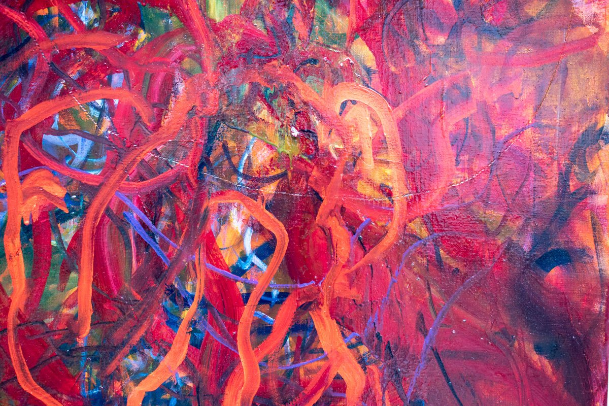 Freedom Machine, Kate Howe, 2024, oil on sutured linen, 160 x 160cm. Detail View 1.