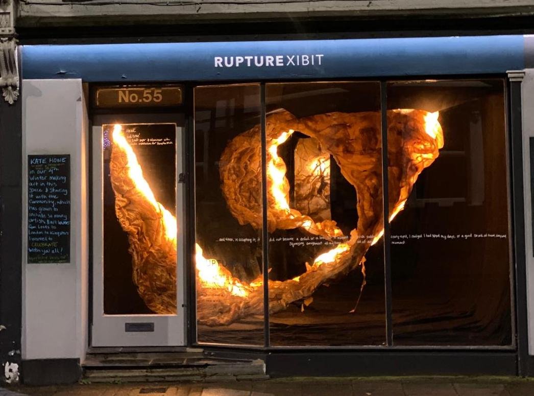 "Patience and Time." 2024. Waxed Kraft paper, aluminum and lights. Variable dimensions. Site-specific installation at RuptureXIBIT, London. Installation View.