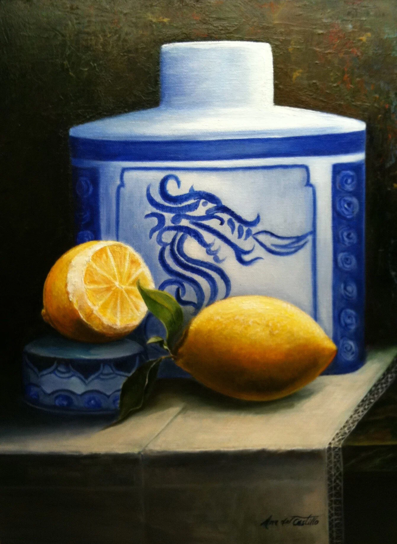 Lemons and Jar. Oil on canvas by Ana del Castillo.