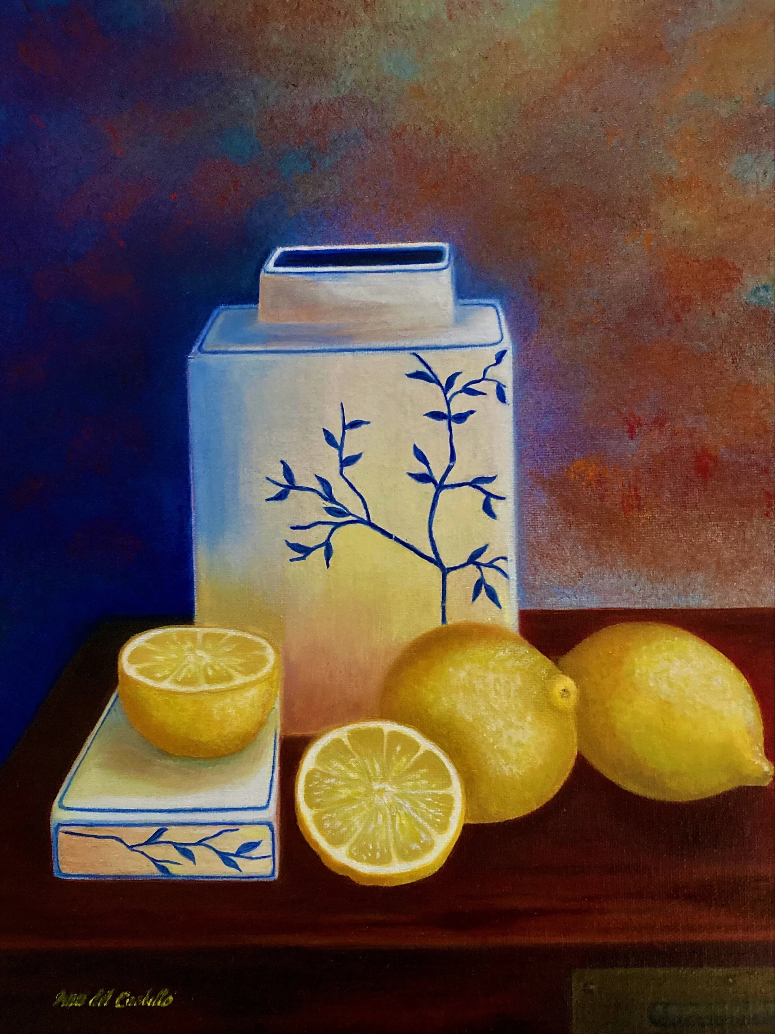 Lemons on Red Trunk. Oil on canvas by Ana del Castillo