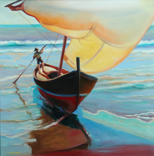 Red Sailboat. Oil on canvas by Ana del Castillo.