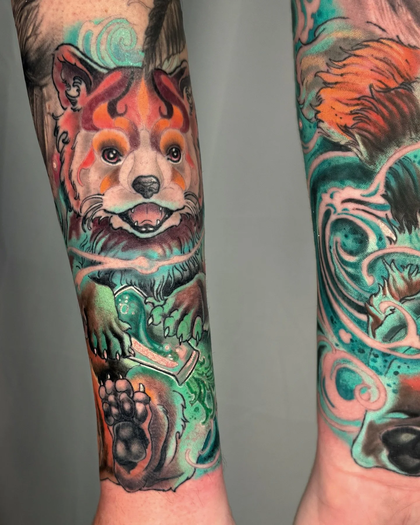 Finished up this &ldquo;gap filler&rdquo; red panda for Nicholaus! I had so much fun doing this one and so stoked on how it came out! Half healed half fresh! 

#neotrad #neotraditionaltattoos #ohio #ohiotattooers #ohiotattooartist #ohiotattoo #akron 