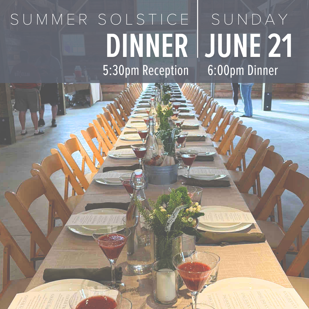 Image of long, set table in a barn with Summer Solstice Dinner as the title and the date listed as June 21