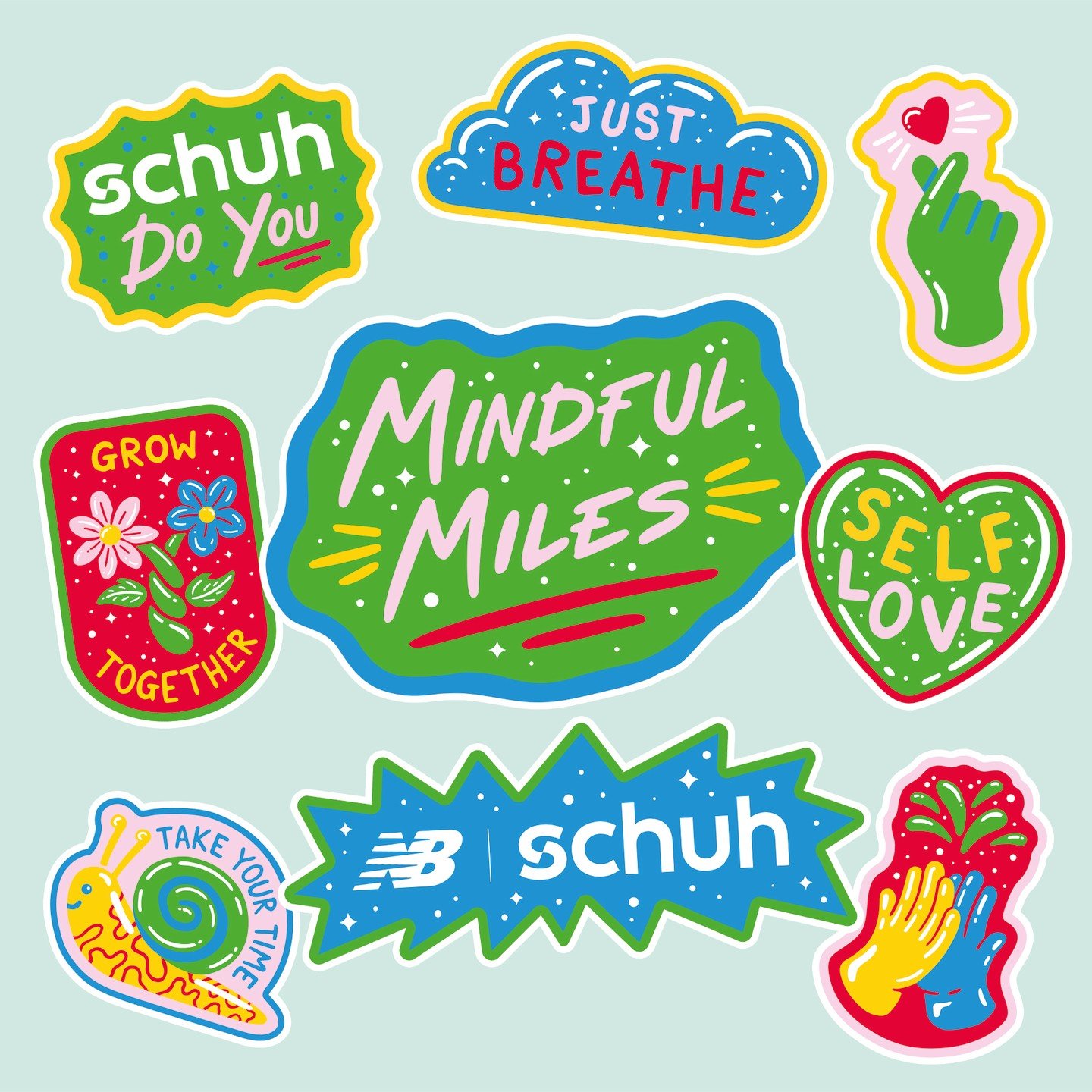 For Mental Health Awareness Week I was commissioned to design assets, t-shirts, bags, these stickers and branding for @schuh and @newbalance Mindful Miles events held across London, Liverpool and Edinburgh. The events promoted positive movement and g