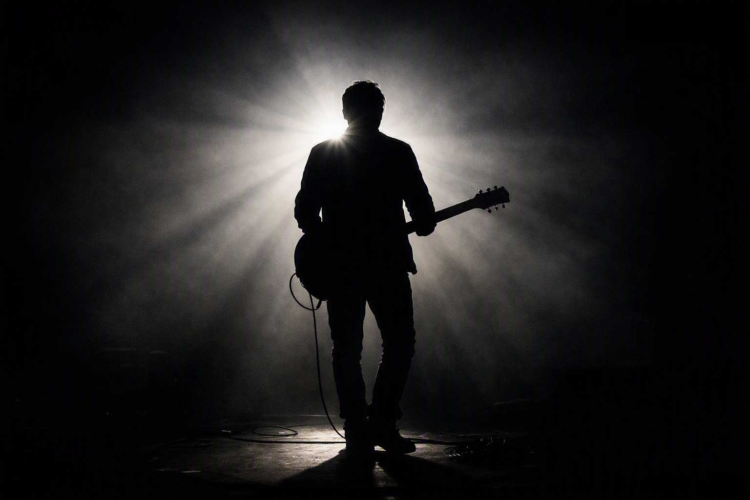 Silhouette of a person holding a guitar on stage, backlit by a bright light, creating a halo effect.