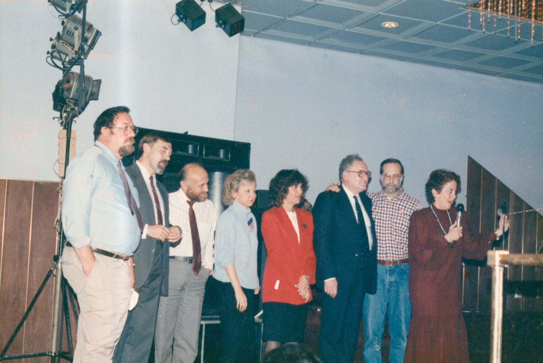 Moscow Meeting. Far left is Micah Naftalin. Right to left stands my husband, Lenny, Leonid Stonov, Sharon Shneider, Long Island committee, Hinda Cantor, South FloridaC Conference and refusenik Boris Kelman.