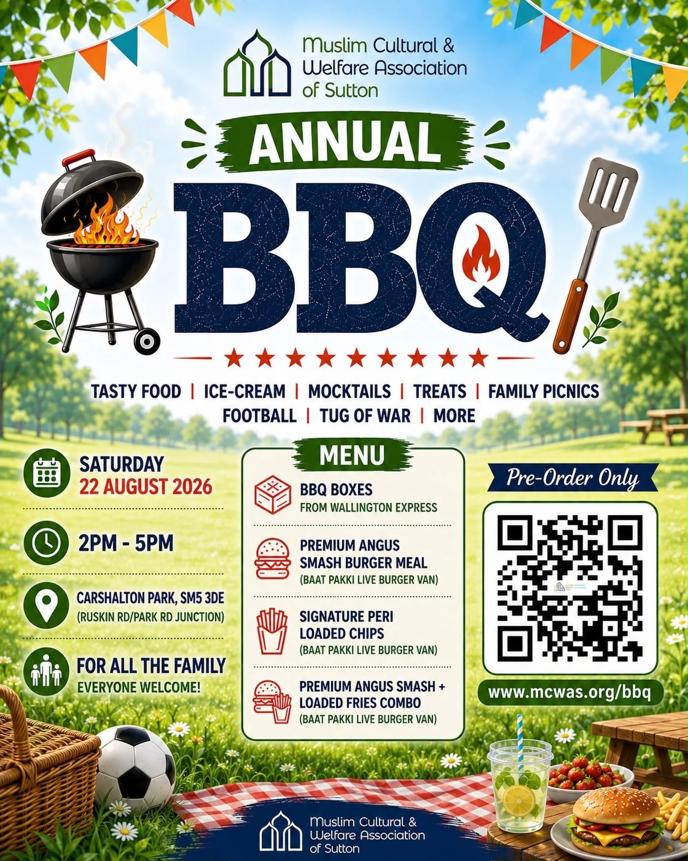 MCWAS Community BBQ 🔥🍔

Join us for a fantastic day out with family and friends at the MCWAS Community BBQ!

📅 Saturday, 22 August 2026
⏰ 2PM - 5PM 
📍 Carshalton Park, SM5 3DE (Ruskin Rd/Park Rd Junction)

🔥🍔 What&rsquo;s Cooking? 🍔🔥 
- BBQ B
