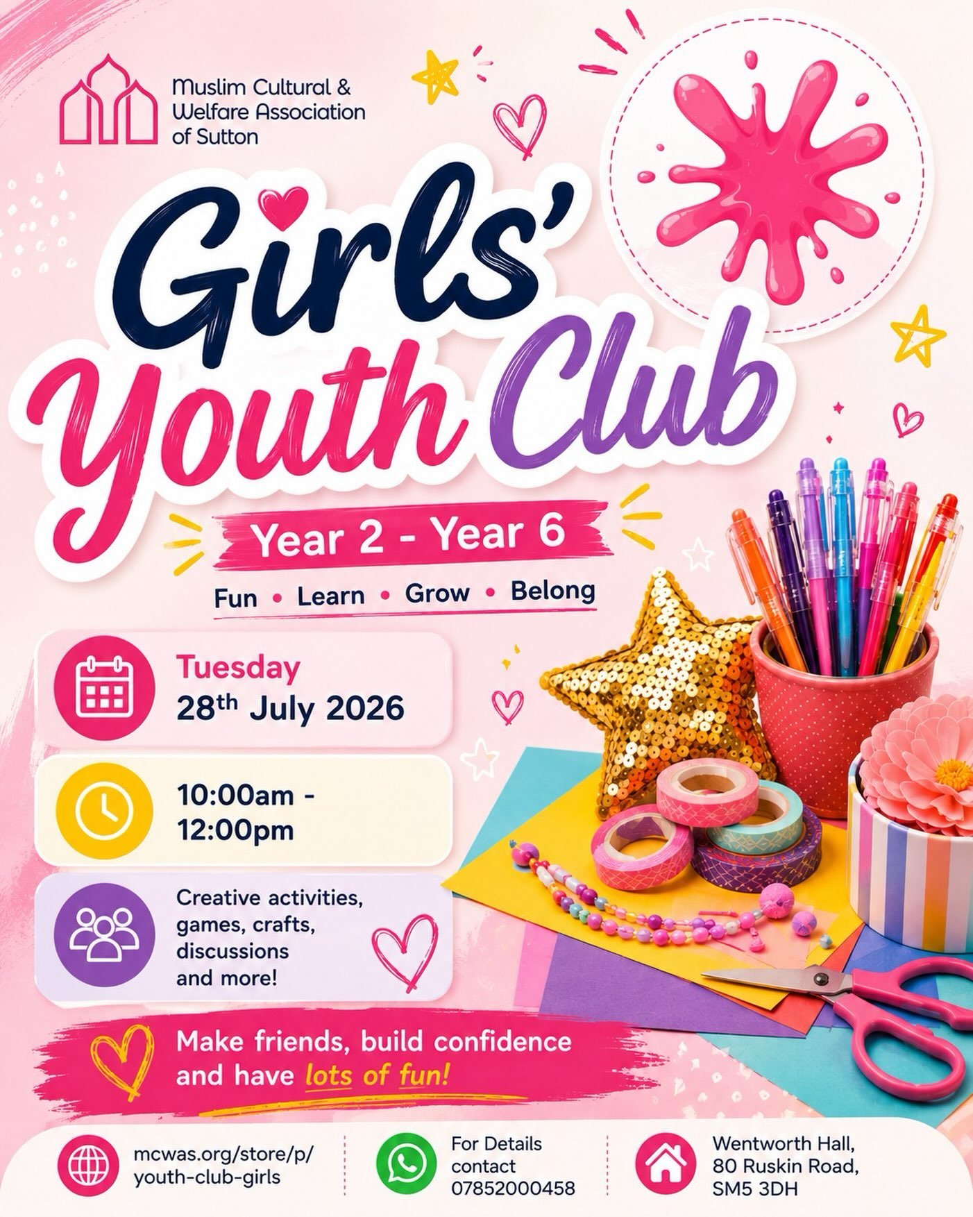 Girls Youth Club

Join us for a free play session and a wide range of activities to enjoy.

What to expect:

⭐Gymnastics 🙆&zwj;♀️
⭐ Nintendo Switch🎮 
⭐ Arts &amp; Crafts 🎨
🌟 Slime Decorating 
⭐Good Company😊
⭐Knowledge📚
⭐Lots of fun😁

*Please s