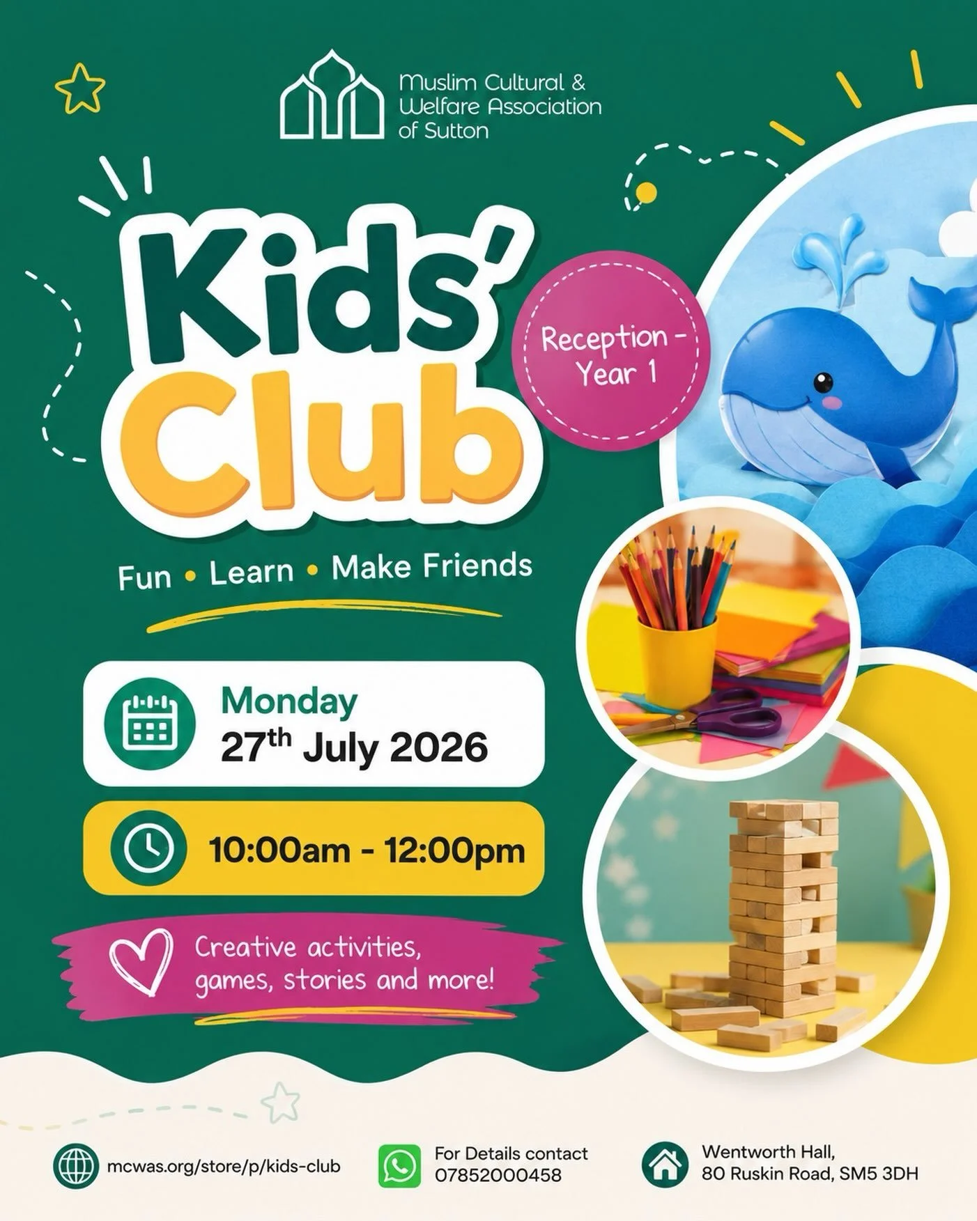 Kids&rsquo; Club

Join us for our kids&rsquo; club this summer ☀️ 

For a free play session and a wide range of activities to enjoy:

What to expect:

⭐ Story of Prophet Yunus AS 🐋
⭐ Messy Play 
⭐ Arts &amp; Crafts🎨
🌟 Games 👾
⭐Good Company😊
⭐Kno
