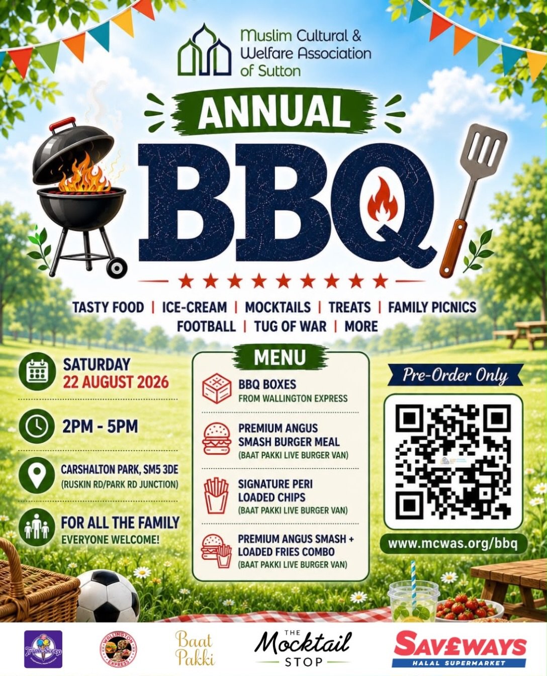 ‼️Saturday 22nd August 2026‼️

🔥🍔 MCWAS COMMUNITY BBQ🍹⚽

Join us for a fantastic afternoon with family, friends and the MCWAS community!

📅 Saturday, 22 August 2026
⏰ *2PM &ndash; 5PM
📍 Carshalton Park, SM5 3DE
(Ruskin Rd / Park Rd Junction)

🍔
