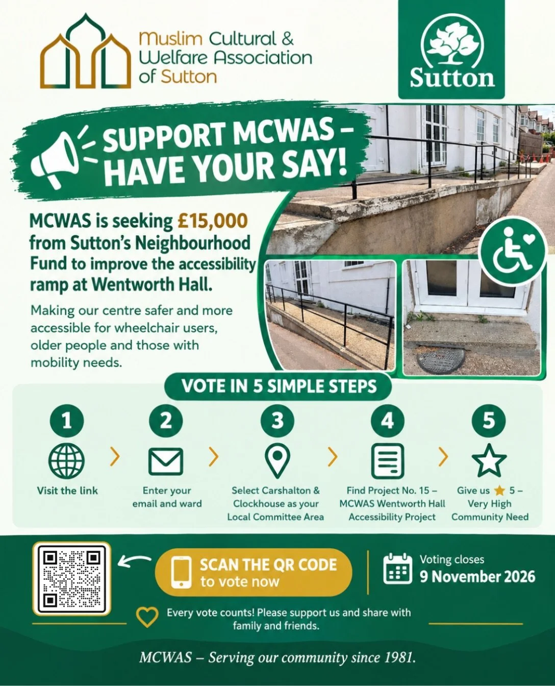 📢 SUPPORT MCWAS &ndash; HAVE YOUR SAY! ♿️💚

MCWAS is seeking &pound;15,000 from Sutton&rsquo;s Neighbourhood Fund to help make access easier for those who may benefit from step-free access, including wheelchair users, older members of our community