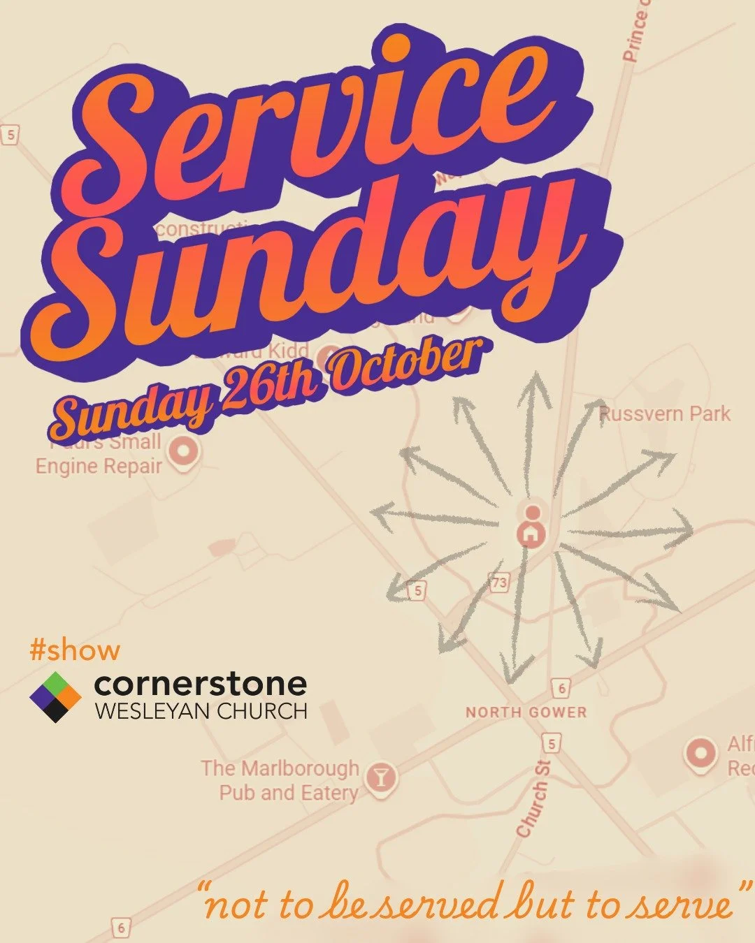 Let's cover SERVICE SUNDAY (26th Oct) in prayer, each team, each location, each host. If you don't feel you can GO OUT, join our prayer team at Cornerstone. 
We will be gathering back at Cornerstone at 12:30pm for a pizza lunch (gluten free available