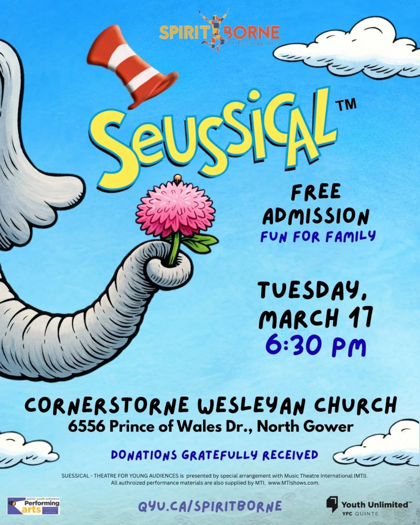 Seussical the Musical: the perfect March break family experience! Join us on Tuesday at 6:30pm for this free musical experience for all the family from SpiritBorne. #northgowercornerstone #spiritborne #seussicalthemusical #seussical
