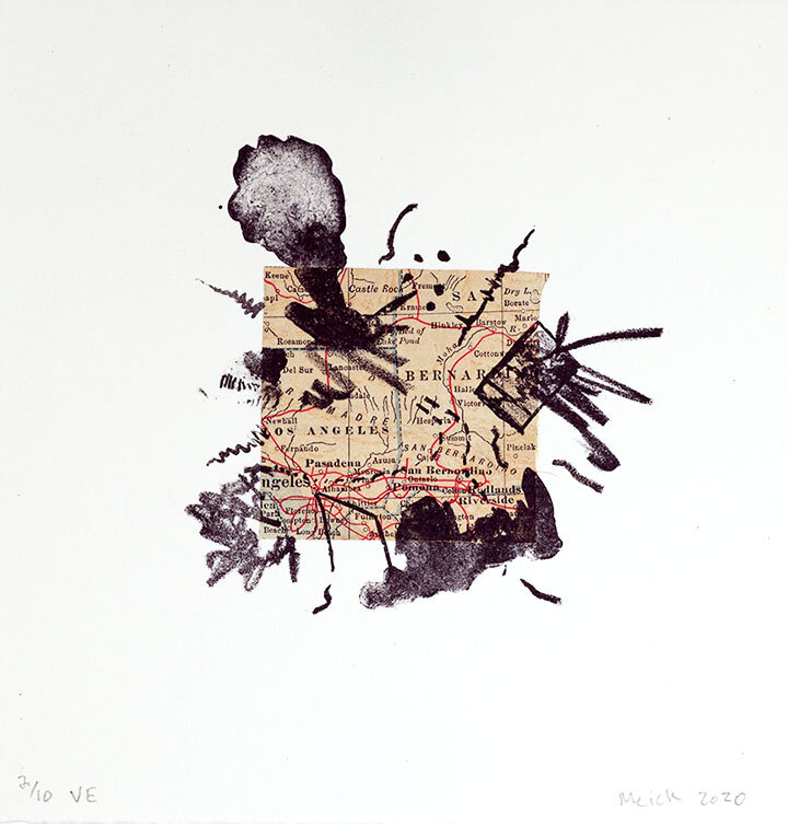  "Zone of Discontent", lithograph, chine collé, 6" X 6", Edition of 10, Variable 1914 atlas pages, 2020 