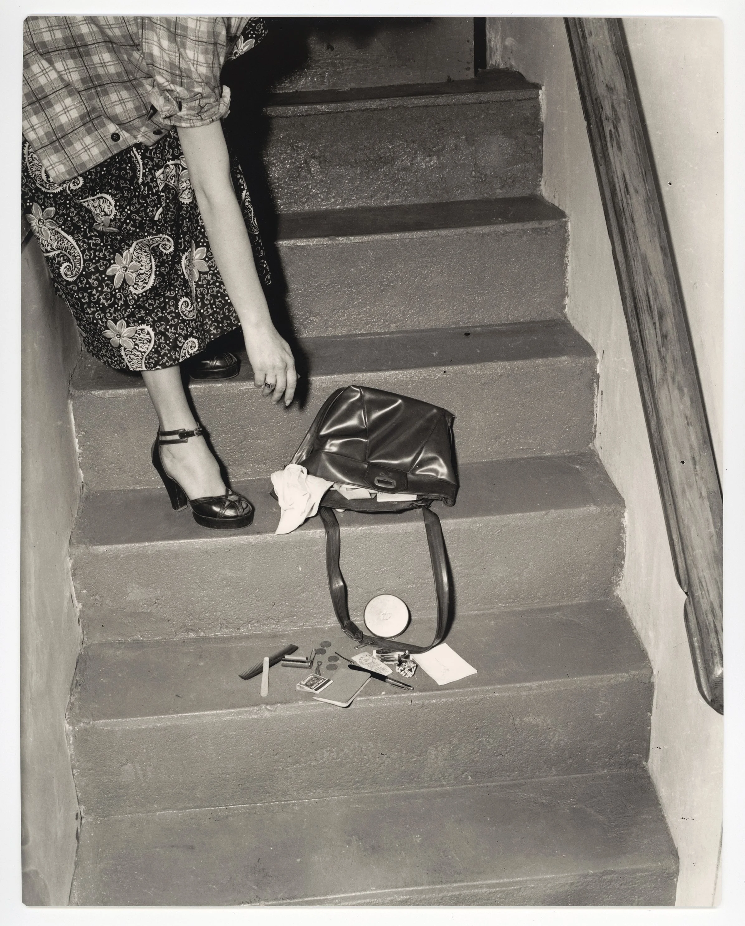 "Woman Dropping Purse on Steps, 1940's"