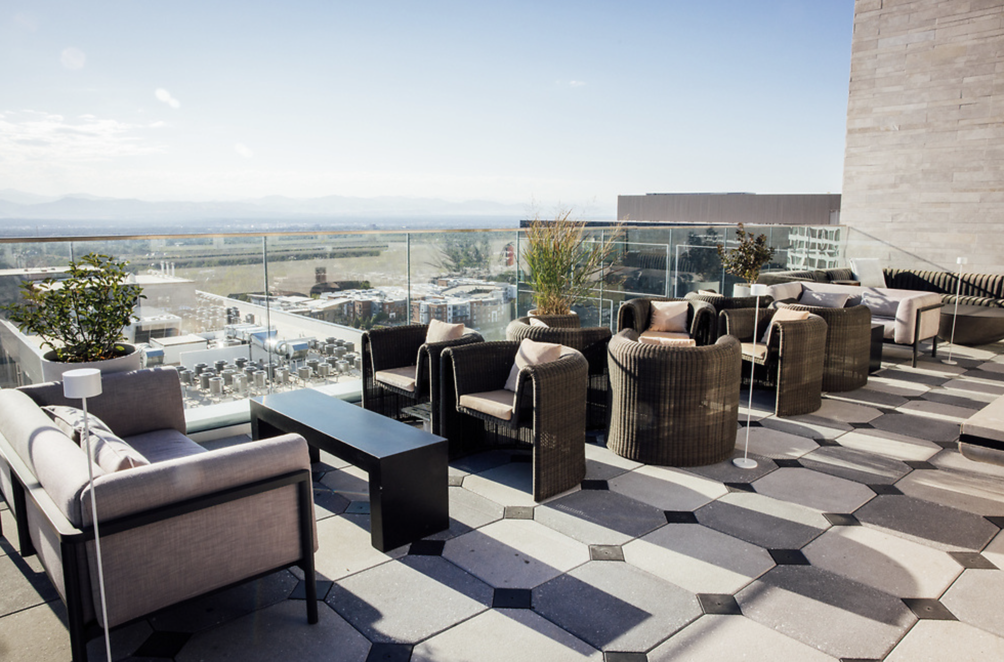 Gray booths on hotel balcony