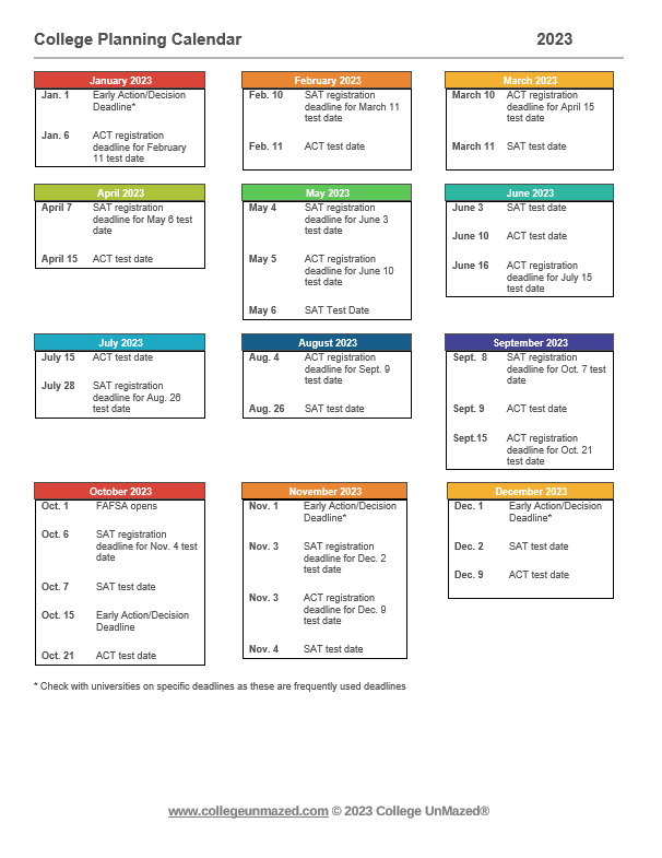 College Planning Calendar for 2023 — College UnMazed - Your Guide to Navigate the High School to College Maze College Planning Calendar for 2023 — College UnMazed - Your Guide to Navigate the High School to College Maze