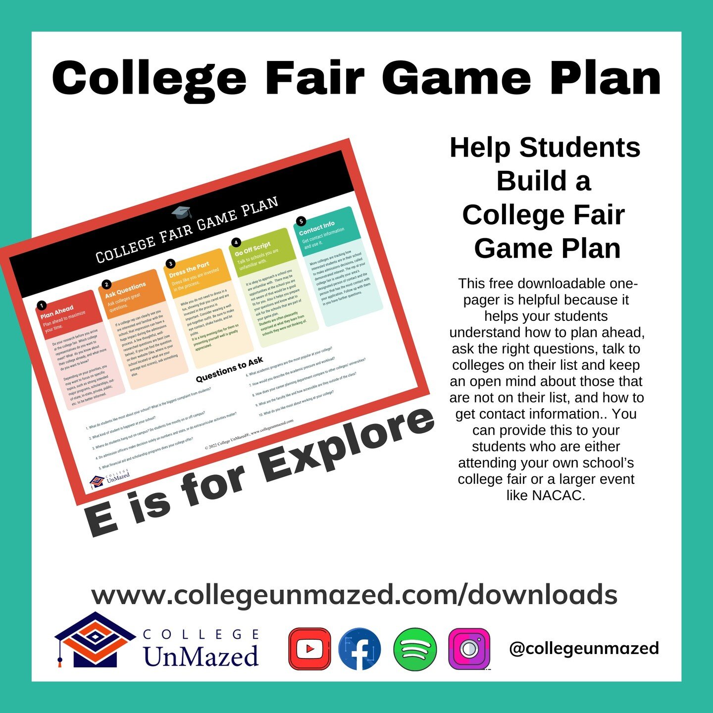 It's time for many families to start exploring their options for college. One of the best ways to get a lot of bang-for-your-buck is by attending a college fair. To help your students prepare for the event, this free downloadable College Fair Game Pl
