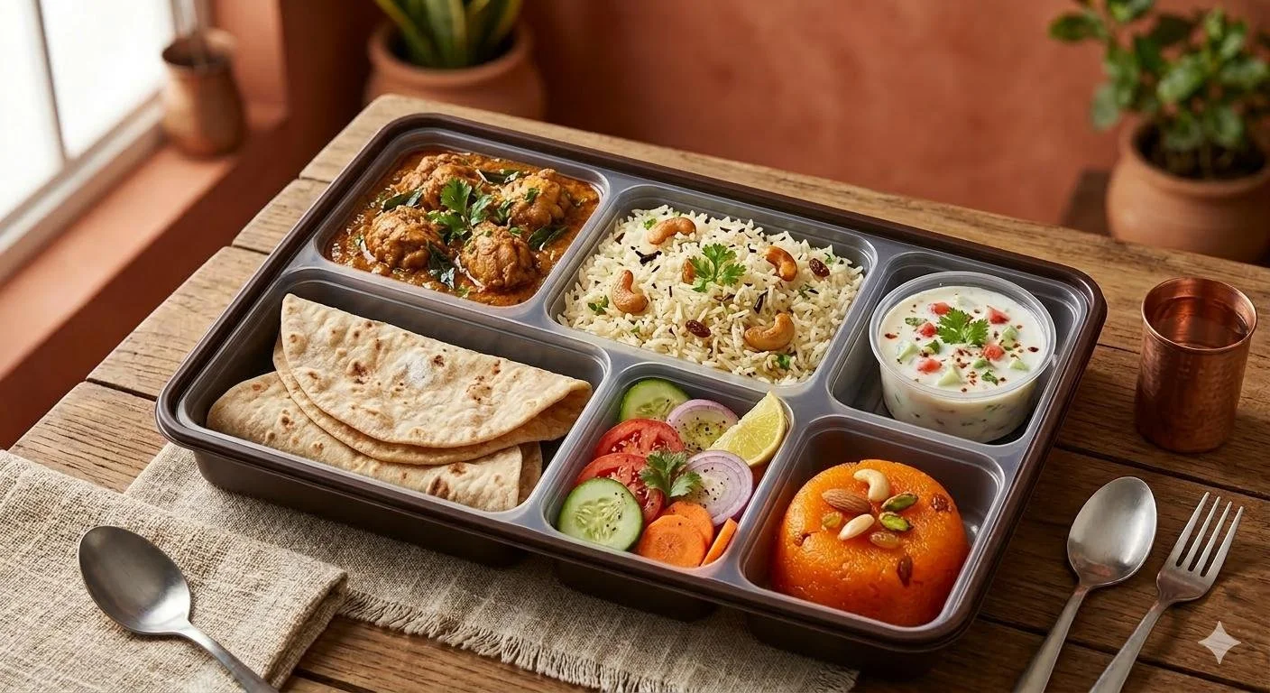 Non Veg Combo-Chicken curry, ghee rice, Chappathi(2) salad, Raitha, Rava Kesari