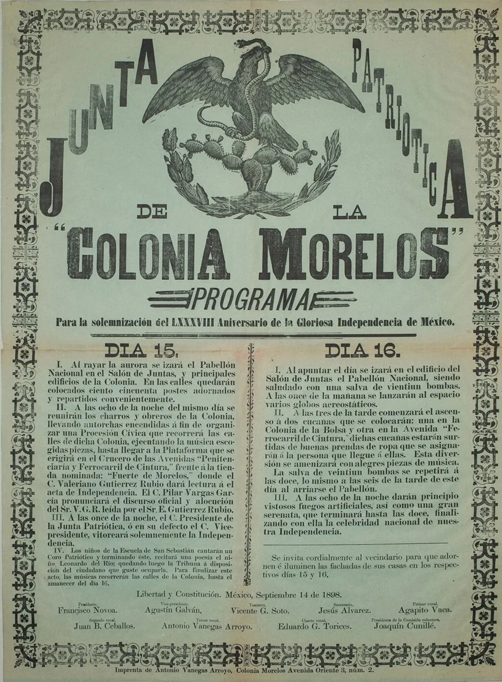 Mexican Independence Day Broadside, Colonia Morelos Program, 1898
