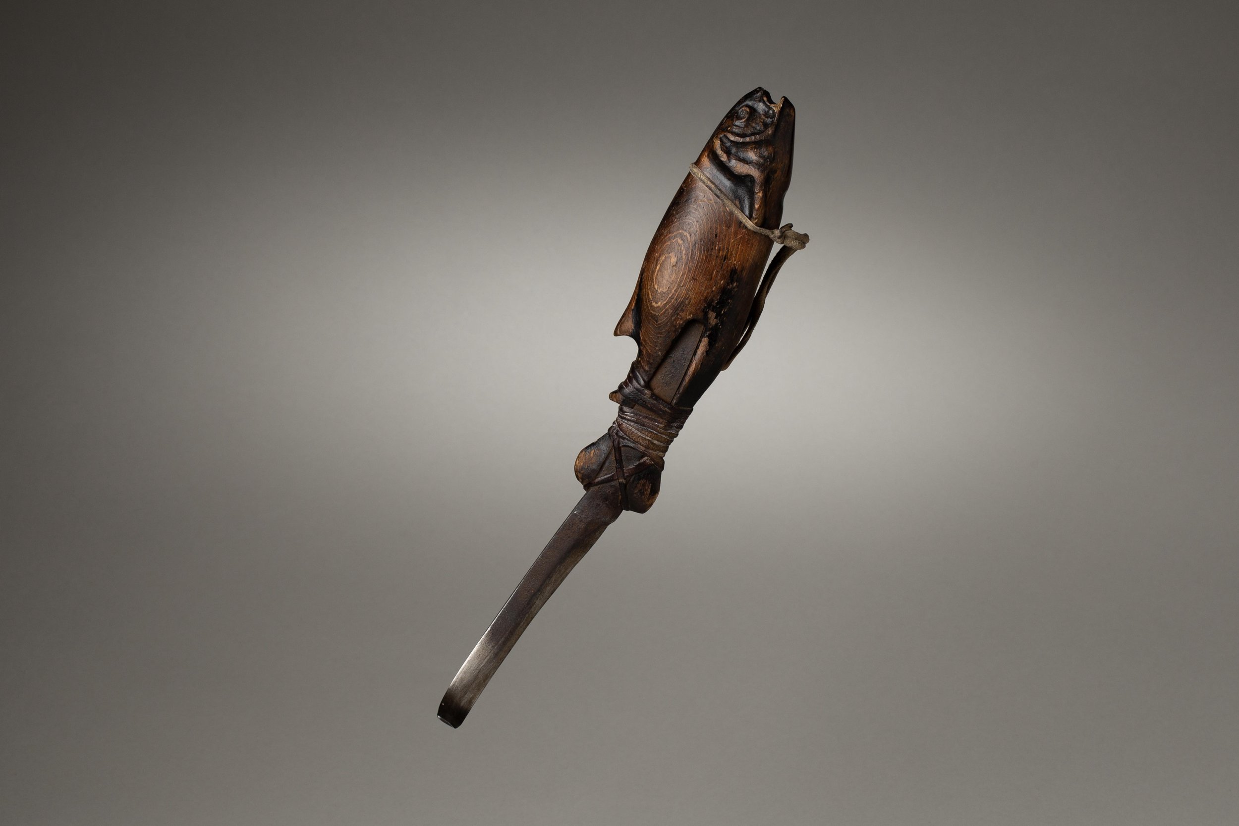 Eastern Woodlands Crooked Knife Fish Form Wood Buckskin 19th Century