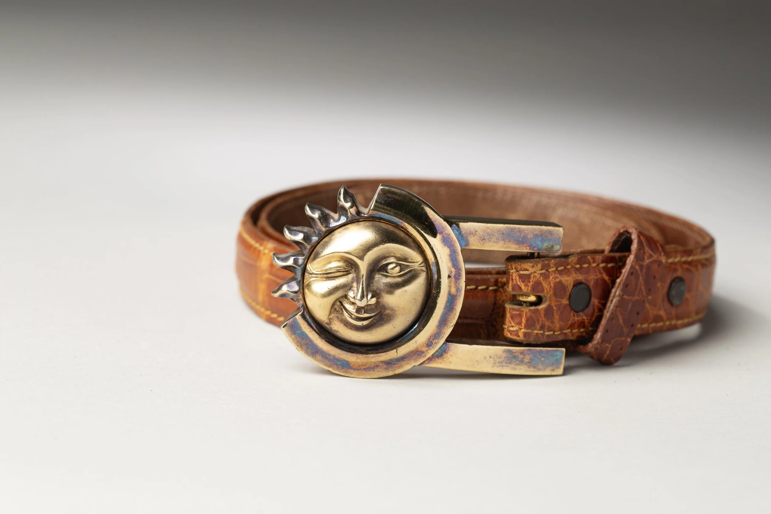Barry Kieselstein-Cord Alligator Belt with Gold Overlay Celestial Moon Buckle, 1990